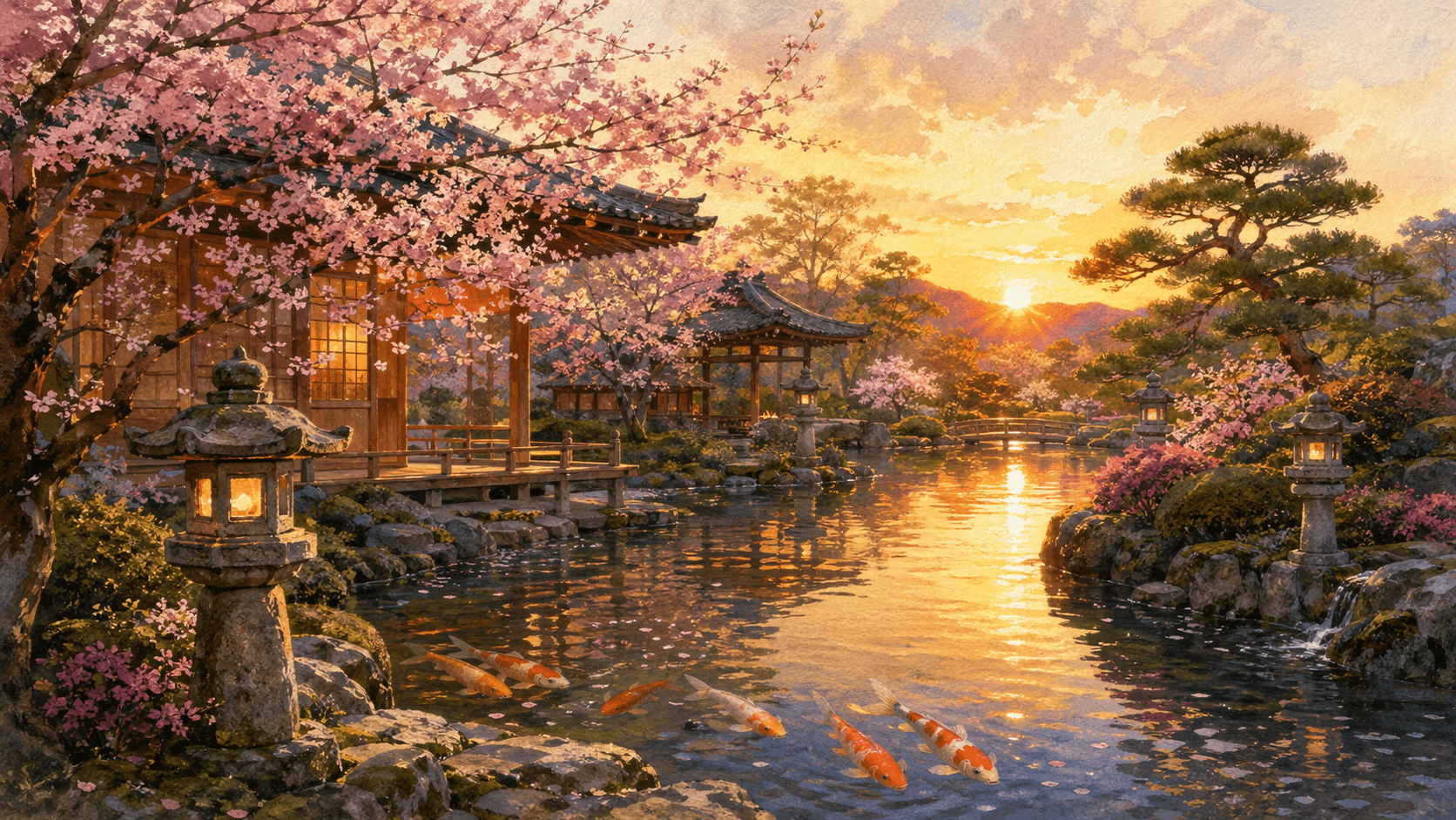 AI-generated Japanese garden scene with cherry blossoms and koi pond